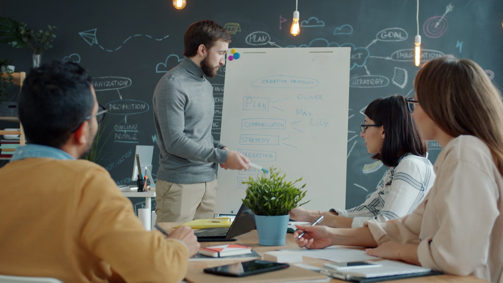 A team planning a process on a whiteboard